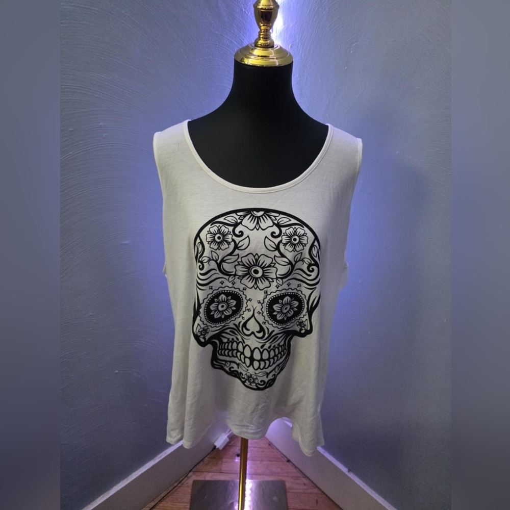 Lace Back White Skull Graphic Tank Top